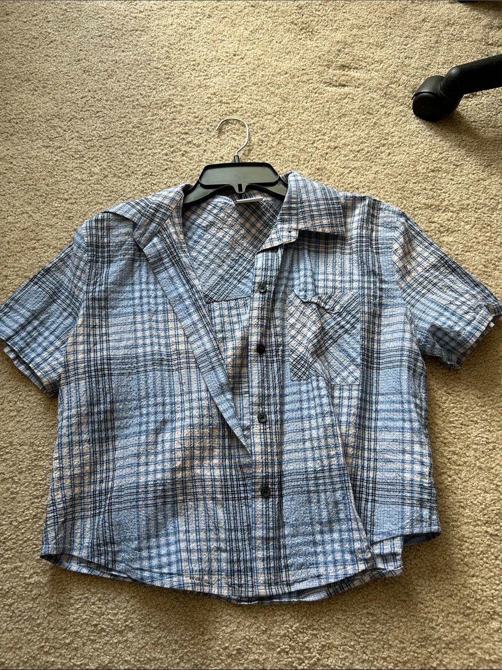 Aritzia Cropped Blue Plaid Short Sleeve Button-Up Shirt